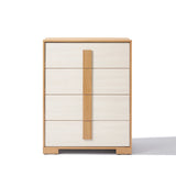 A mid-century modern design, this wooden 4-drawer chest is a stylish storage solution. It features four horizontal drawers with a two-tone look in light and natural wood set against a crisp white background.