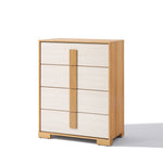 A wooden chest of drawers with a minimalist, mid-century modern design, featuring four light-colored drawers and vertical handles—a perfect storage solution.