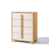 A wooden chest of drawers with a minimalist, mid-century modern design, featuring four light-colored drawers and vertical handles—a perfect storage solution.
