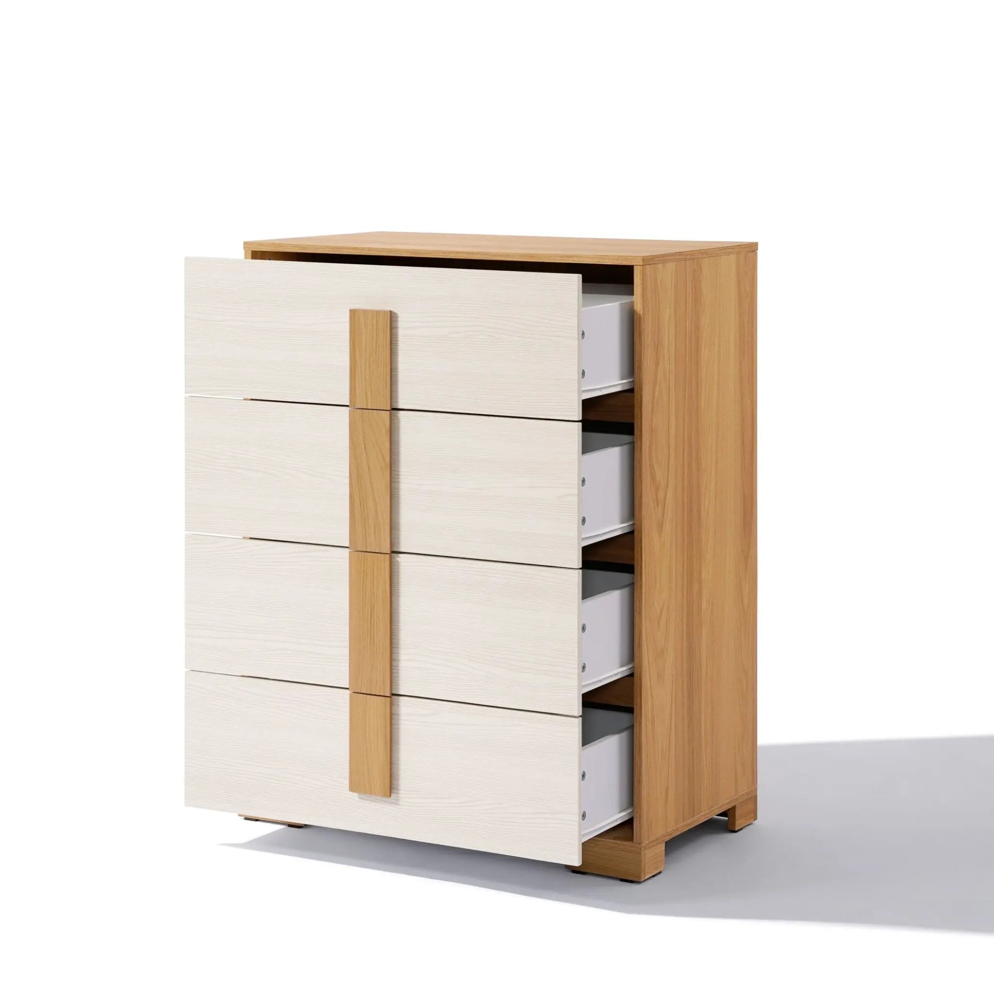 A wooden dresser with a mid-century modern design offers an elegant storage solution featuring four open drawers.