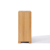 A wooden 4-drawer chest viewed from the side against a white background, perfectly blending style and functionality as a mid-century modern storage solution.
