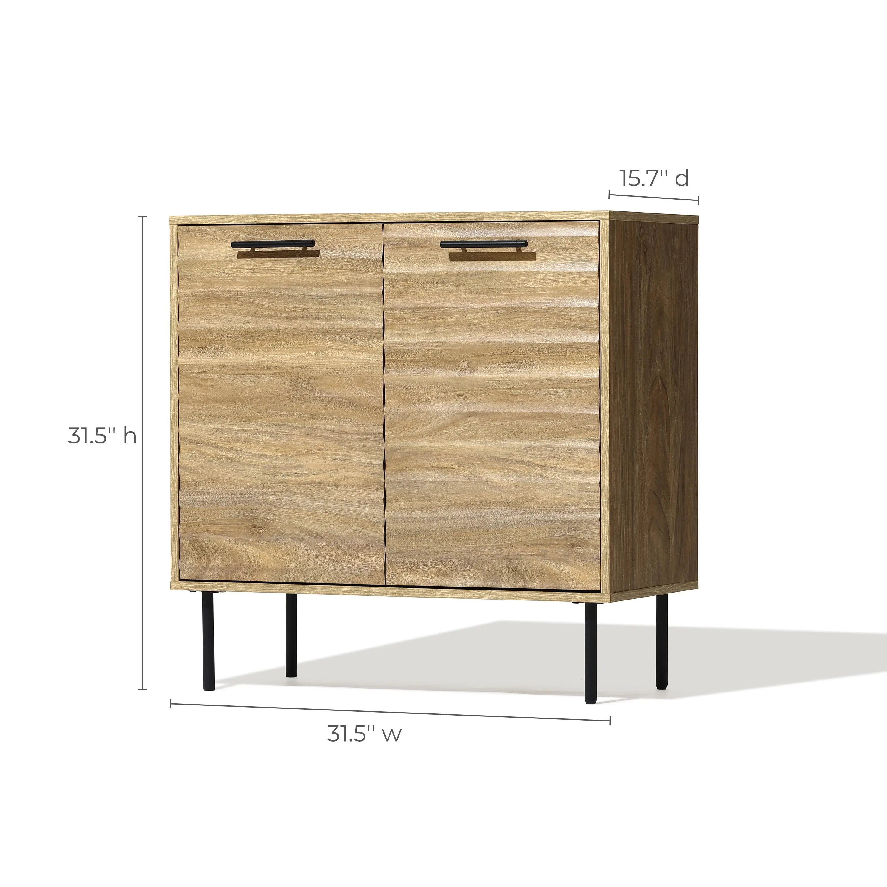 This mid-century modern style wooden cabinet features two doors with metal handles and short legs. As a stylish double-door storage cabinet, it offers ample storage space with dimensions of 31.5 height, 31.5 width, and 15.7 depth.