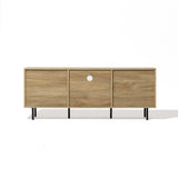 A mid-century modern wooden sideboard, crafted from light walnut-colored wood, features three compartments and sleek black legs on a plain white background.