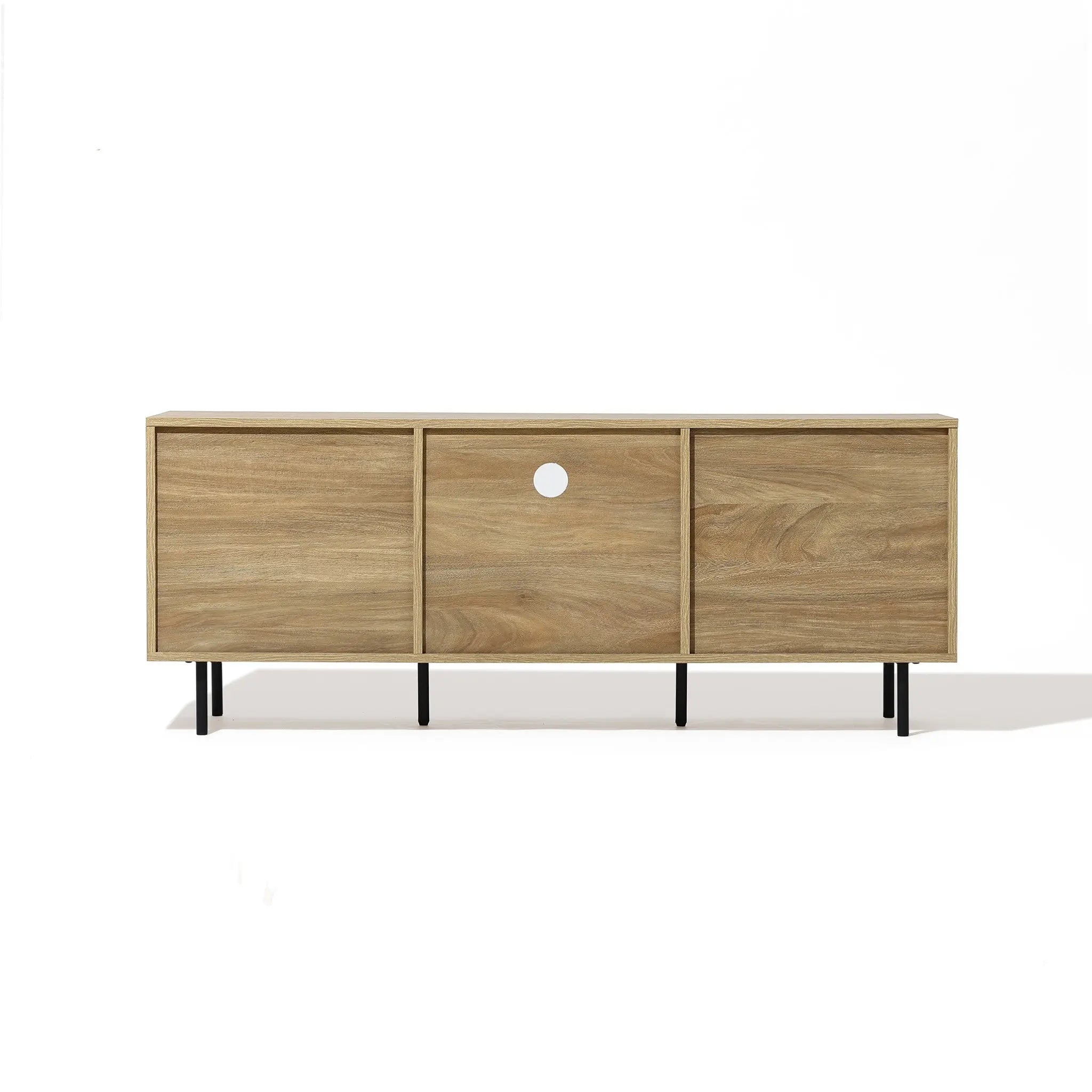 A mid-century modern wooden sideboard, crafted from light walnut-colored wood, features three compartments and sleek black legs on a plain white background.