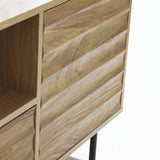 Close-up of a mid-century modern wooden cabinet in light walnut-colored wood, featuring a textured, wavy surface and multiple open shelves on black legs.