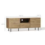 This mid-century modern wooden TV stand features light walnut-colored wood, two cabinets, a drawer, and an open shelf. Measuring 55.1 in width, 15.7 in depth, and 21.7 in height, it sits on sleek black legs that are 5.1 tall and includes a cable management hole for tidy organization.