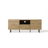Light walnut-colored wood TV stand with a mid-century modern design, featuring two cabinets, one drawer, and an open shelf with a cable management hole. It is elegantly supported by black metal legs.