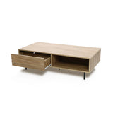 A rectangular wooden coffee table with black legs seamlessly embodies mid-century modern elegance. One drawer is partially open, revealing generous storage space for your essentials.