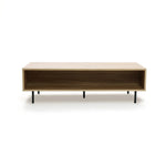 A minimalist wooden bench with an open rectangular design, supported by sleek black metal legs, offers a hint of mid-century modern style against a white background.