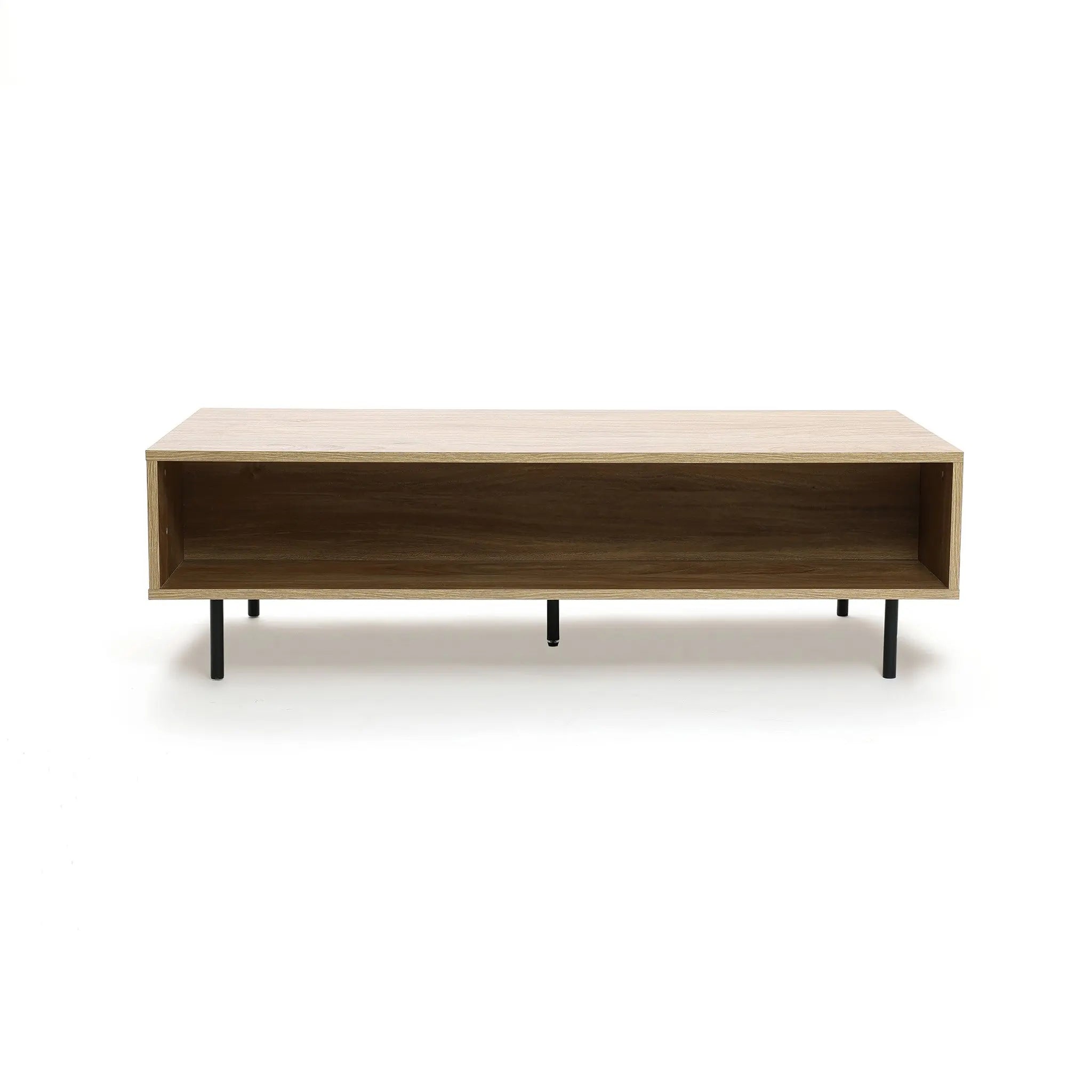 A minimalist wooden bench with an open rectangular design, supported by sleek black metal legs, offers a hint of mid-century modern style against a white background.