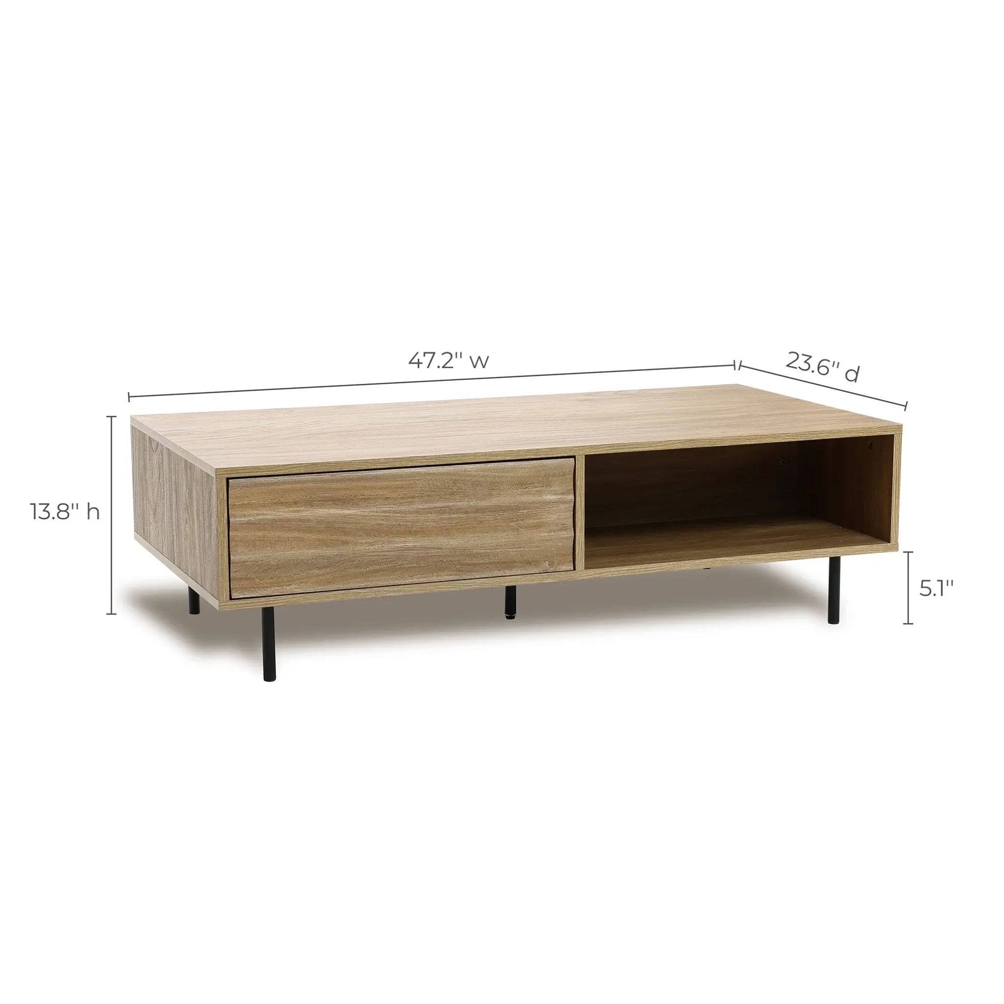 This mid-century modern coffee table boasts a wooden design with a drawer and open shelf for ample storage space, supported by sleek black metal legs. Dimensions: 47.2 width, 23.6 depth, 13.8 height.