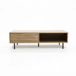 Mid-century modern wooden coffee table with ample storage space, featuring two compartments and sleek black legs against a white background.
