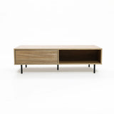 Mid-century modern wooden coffee table with ample storage space, featuring two compartments and sleek black legs against a white background.