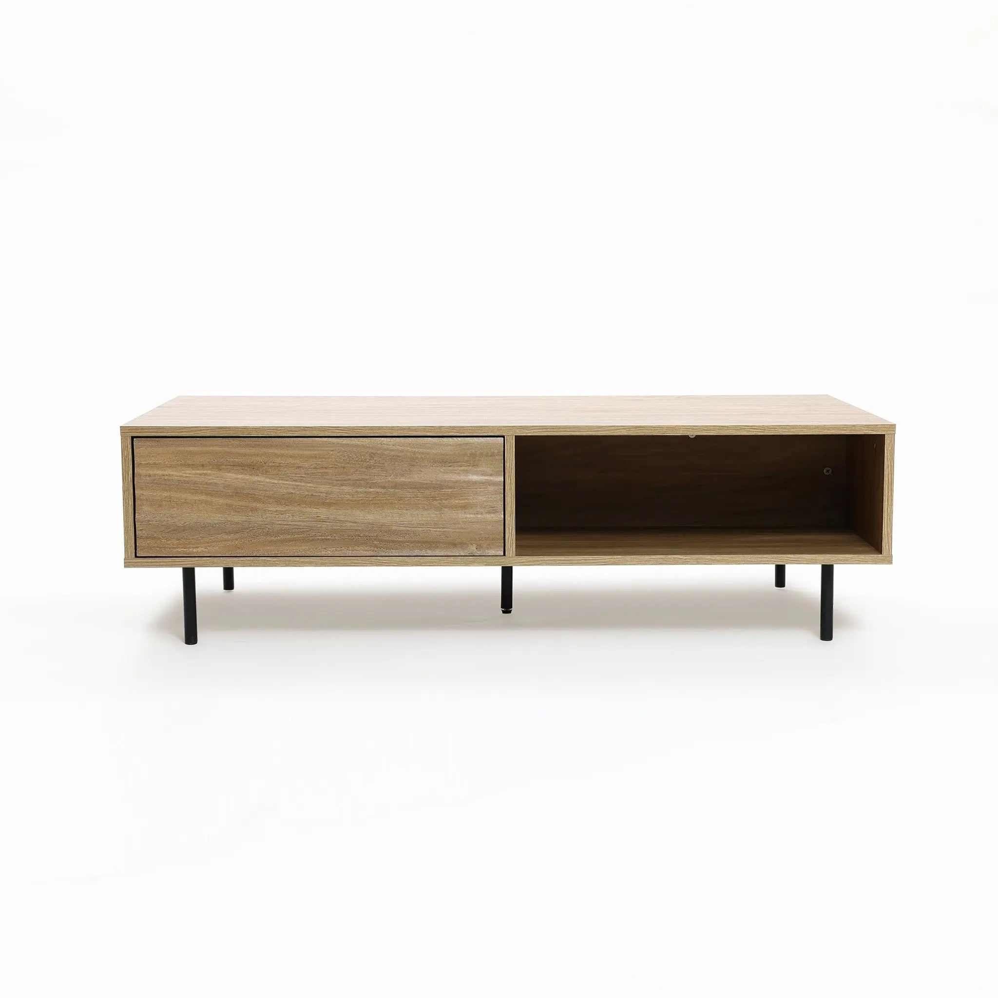 Mid-century modern wooden coffee table with ample storage space, featuring two compartments and sleek black legs against a white background.