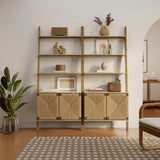 The LuxenHome Kaia rope & wood finish etagere bookcase, featuring a 2-door cabinet, elegantly displays vases, plants, and books. A potted plant is next to the 4-shelf bookcase on a patterned rug covering the wooden floor in a well-lit living room.