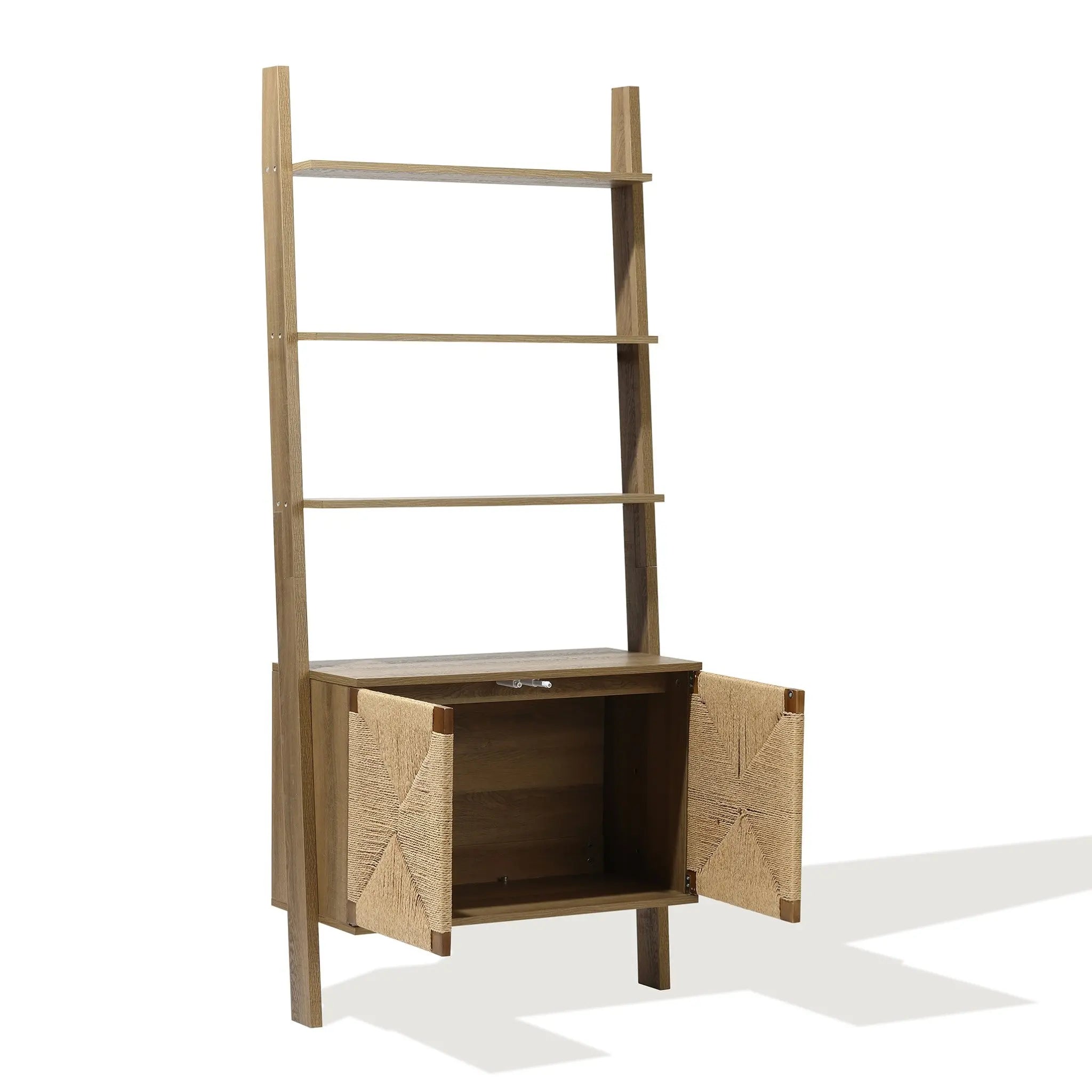The LuxenHome Kaia rope & wood finish etagere bookcase has a minimalist design with handcrafted woven rope detailing. It features three shelves above and a 2-door cabinet at the bottom, offering an empty space inside.