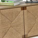 The LuxenHome Kaia rope & wood finish etagere bookcase features a ladder-style design with textured, handcrafted woven rope patterns on its cabinet doors. The top is elegantly adorned with two books and a small sculpture.