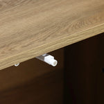 Close-up of the wooden tabletop on LuxenHomes Kaia rope & wood finish etagere bookcase, featuring a soft-close mechanism and showcasing its smooth texture, natural grain, and handcrafted woven rope detailing.