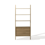 The Kaia rope & wood finish etagere bookcase by LuxenHome boasts a minimalist ladder-style design with three tiers and an integrated 2-door cabinet. Its light wood finish exudes elegance against a white background.
