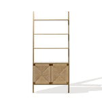 The LuxenHome Kaia etagere bookcase is a minimalist wooden unit with a ladder-style design, offering three open shelves and a two-door cabinet. It showcases handcrafted woven rope detailing and is set against a white background with a shadow on the right.