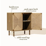 Mid-century modern cabinet featuring handcrafted jute woven doors, push-open latch, adjustable shelf, and solid wood legs. This piece’s natural modernism embodies elegance and functionality seamlessly.