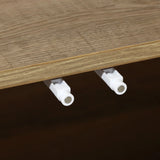 Close-up of two white shelf pegs protruding from a wooden board, perfectly complementing the mid-century modern aesthetic.