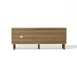 A wooden sideboard with a minimalist design, featuring a single door with a round handle and a mid-century modern flair, resting on four legs.