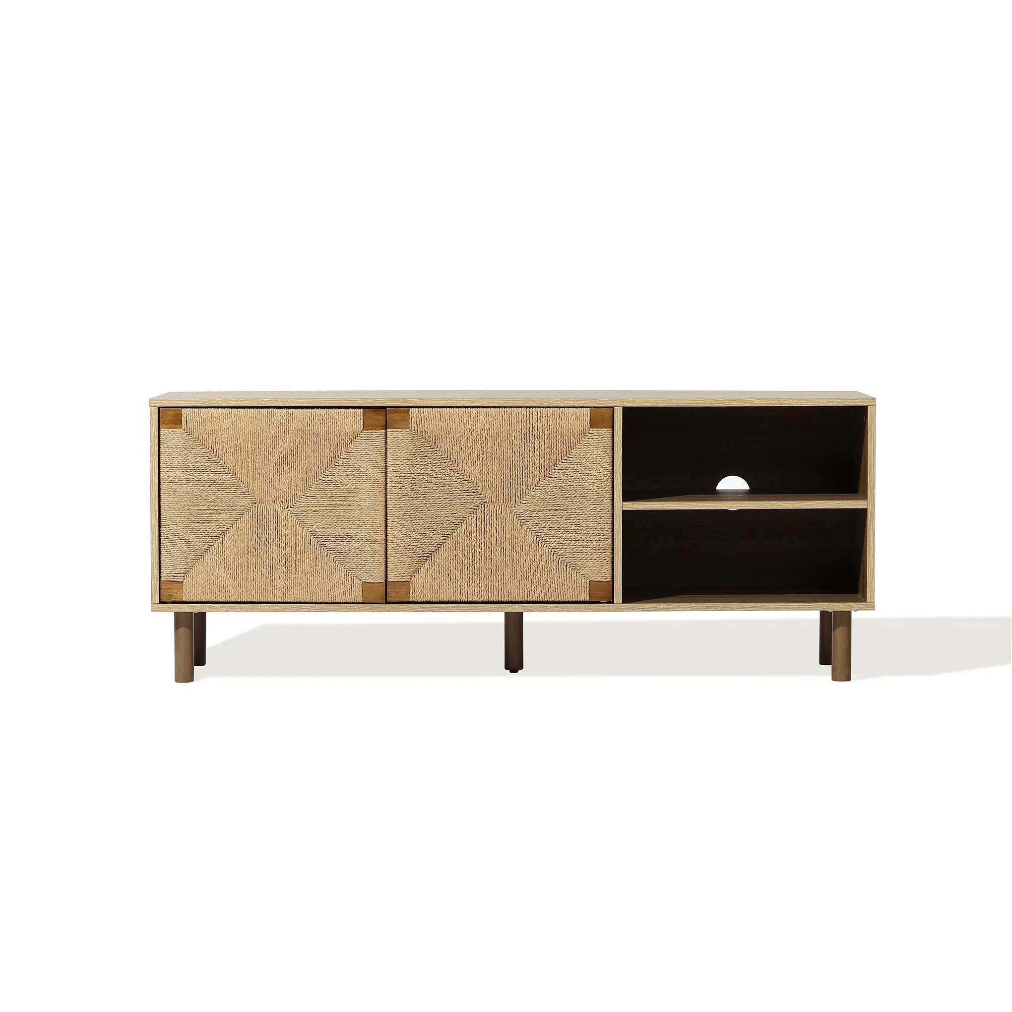 A wooden sideboard featuring a mid-century modern design with two closed woven rope facade cabinets on the left and two open shelves on the right, all set on four sturdy legs.