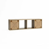 Wooden wall-mounted shelf with two square wooden cabinets on either side and an open central section, featuring a mid-century modern design.