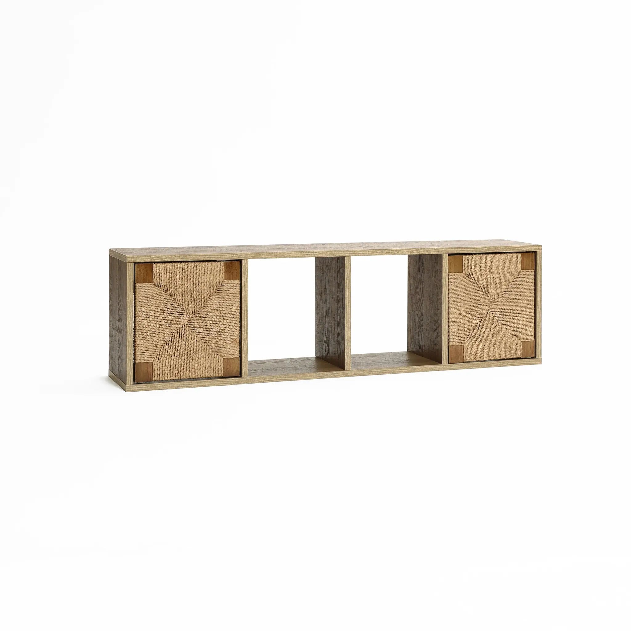 Wooden wall-mounted shelf with two square wooden cabinets on either side and an open central section, featuring a mid-century modern design.