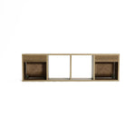 A long, rectangular wooden TV stand with mid-century modern flair features two drawers and three open compartments, complemented by a woven rope facade.