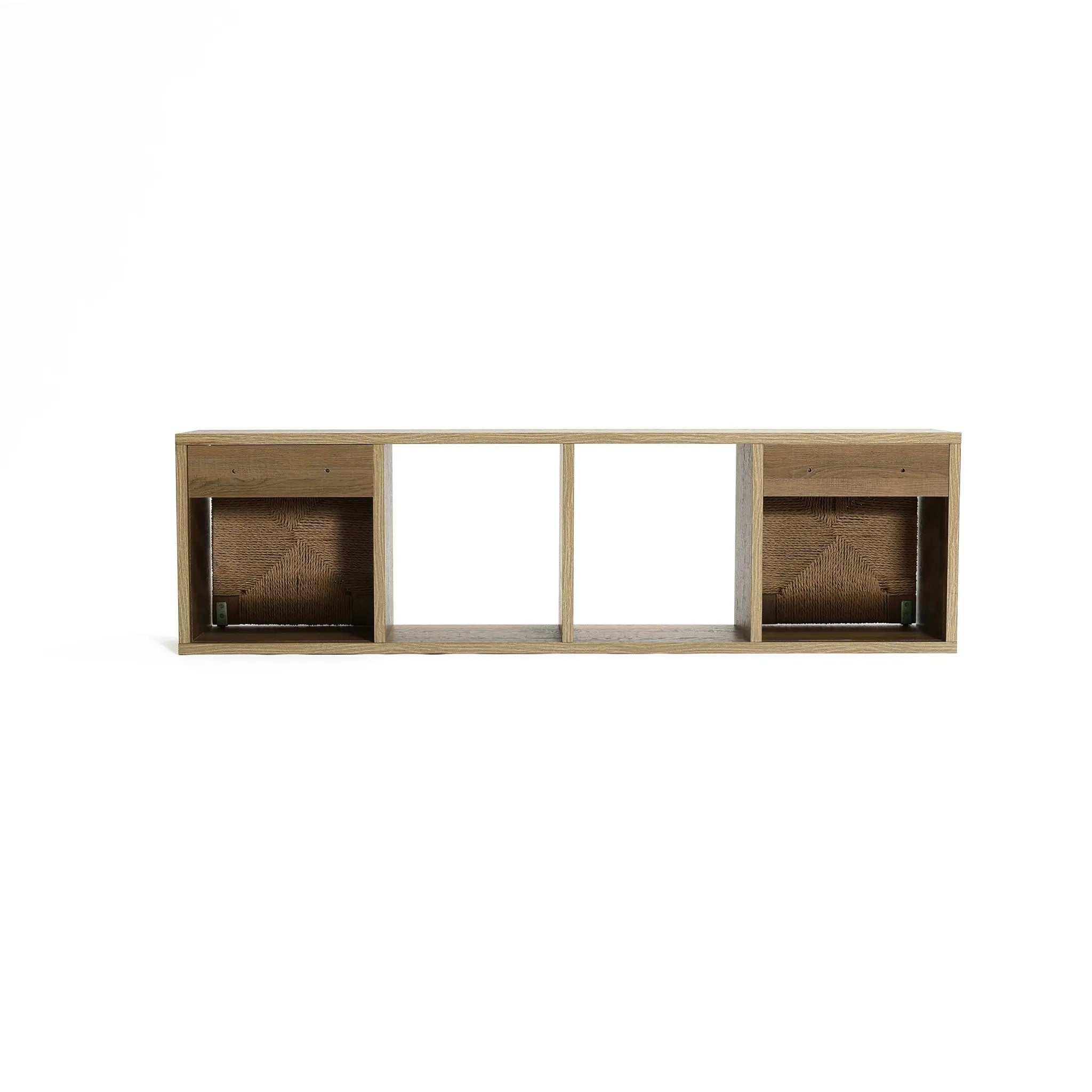 A long, rectangular wooden TV stand with mid-century modern flair features two drawers and three open compartments, complemented by a woven rope facade.