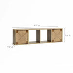 This mid-century modern wooden wall shelf features two closed cubbies and an open compartment, perfect as a wall-mounted storage cabinet. Dimensions: 42.1 width, 11.8 height, 7.9 depth—a stylish solution for organizing your space with elegance.