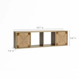 This mid-century modern wooden wall shelf features two closed cubbies and an open compartment, perfect as a wall-mounted storage cabinet. Dimensions: 42.1 width, 11.8 height, 7.9 depth—a stylish solution for organizing your space with elegance.