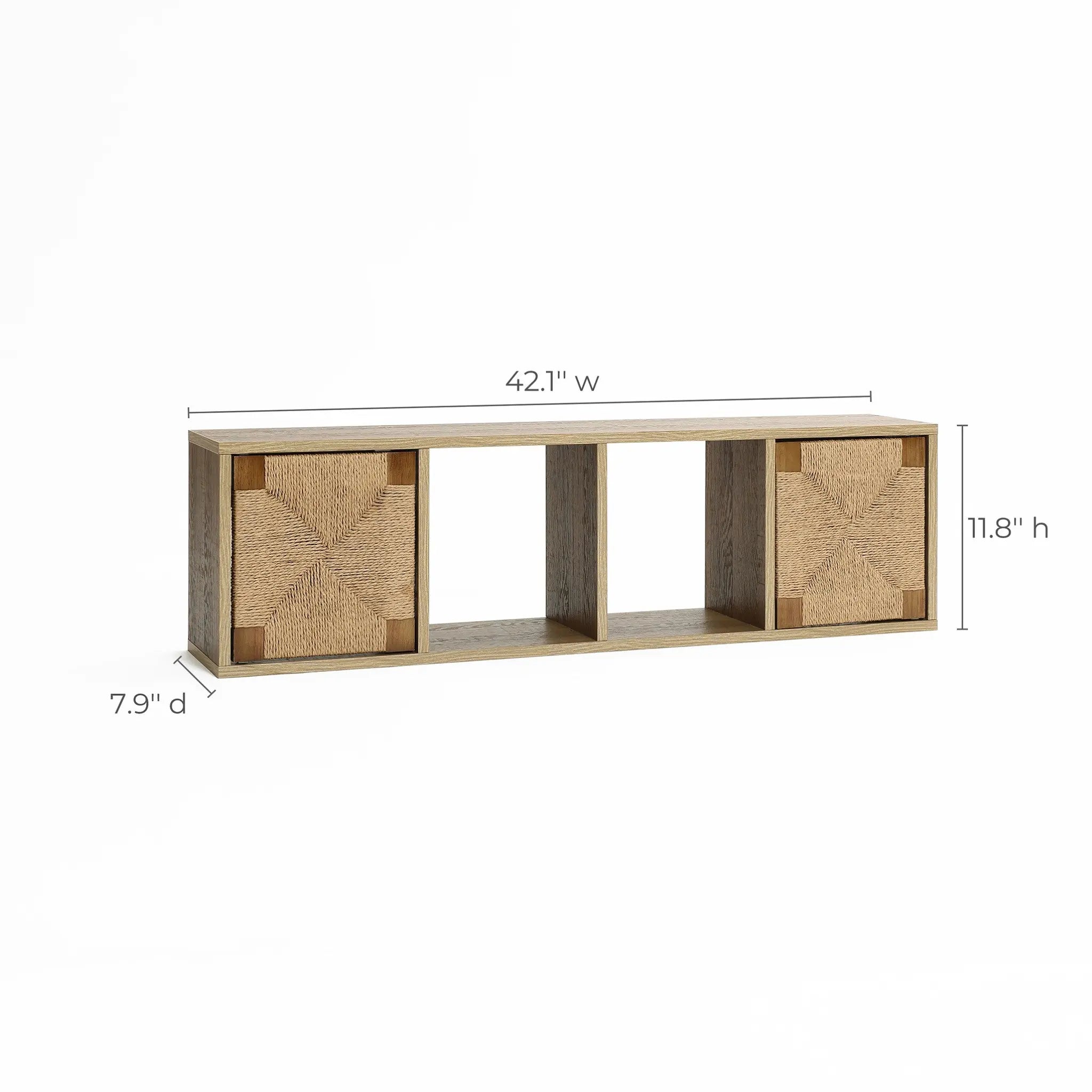 This mid-century modern wooden wall shelf features two closed cubbies and an open compartment, perfect as a wall-mounted storage cabinet. Dimensions: 42.1 width, 11.8 height, 7.9 depth—a stylish solution for organizing your space with elegance.
