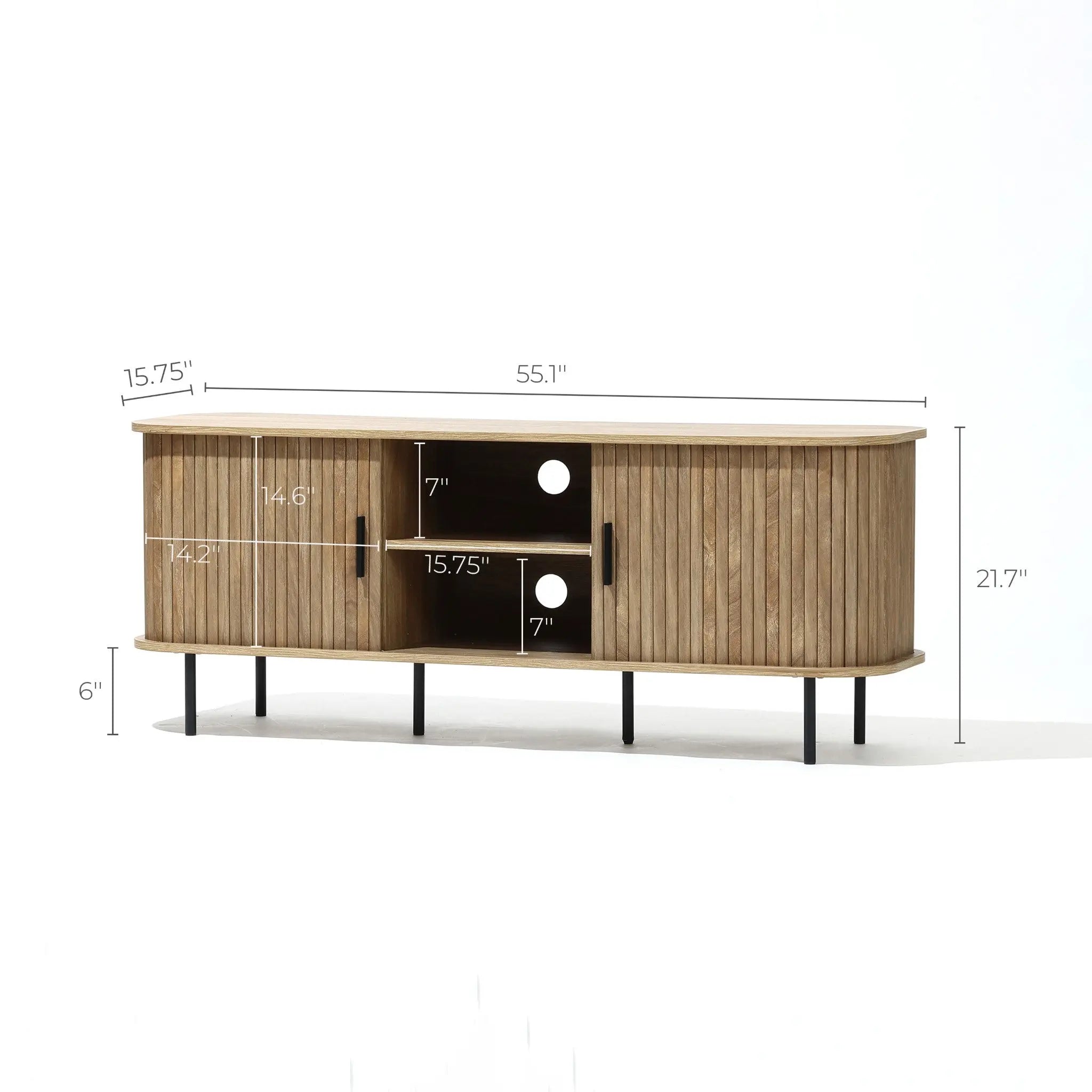 The Aria TV stand by LuxenHome combines a mid-century modern oak finish with slatted cabinet doors, enclosed storage, open shelves, and black metal legs. It features cable management and measures 55.1 W x 21.7 H x 15.75 D, suitable for TVs up to 55.