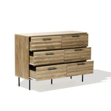 The LuxenHome Casper mid-century modern dresser features six drawers with black metal handles, a brown wood grain finish, and four sleek black metal legs. Some drawers are partially open, highlighting its ample storage space and stylish design.
