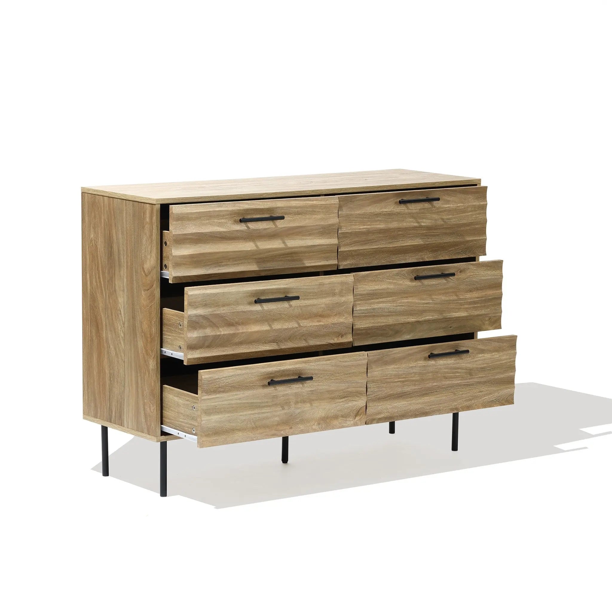 The LuxenHome Casper mid-century modern dresser features six drawers with black metal handles, a brown wood grain finish, and four sleek black metal legs. Some drawers are partially open, highlighting its ample storage space and stylish design.