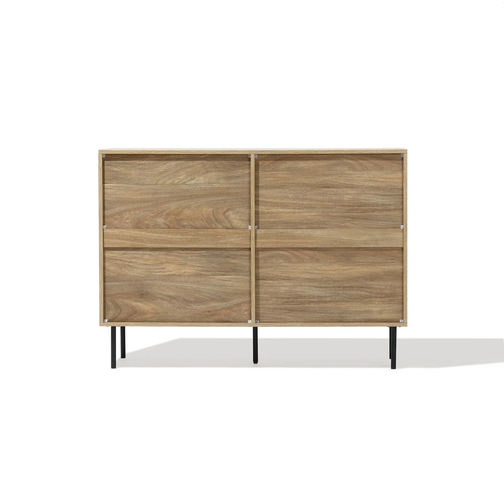 The LuxenHome Casper 6-drawer dresser, a mid-century modern piece with natural wood finish and black metal legs, is showcased against a white background.