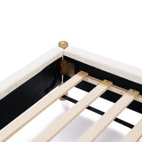 A close-up of a bed frame showcases corner assembly with a beige fabric cover, wooden slats, and a metal bracket, highlighted by its vertical stripe design.