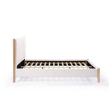 Side view of a rubberwood platform bed with a light upholstered queen-sized white boucle headboard, featuring a slatted base and no mattress, placed against a plain background.