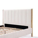 Beige upholstered bed frame with a queen-sized vertical stripe headboard and wooden slats, set against a white background.