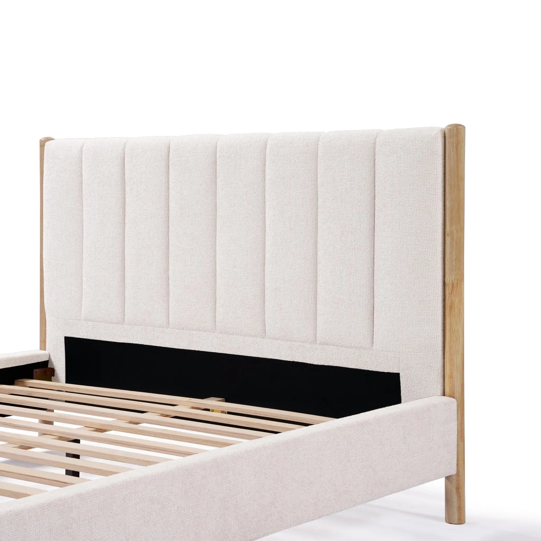 Beige upholstered bed frame with a queen-sized vertical stripe headboard and wooden slats, set against a white background.