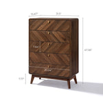 The Theo mid-century modern 5-drawer chest by LuxenHome boasts a chevron pattern in a rich walnut finish. With dimensions of 47.56 H, 31.5 W, and 15.67 D on elegant 7.71 legs, it offers stylish storage for any room.