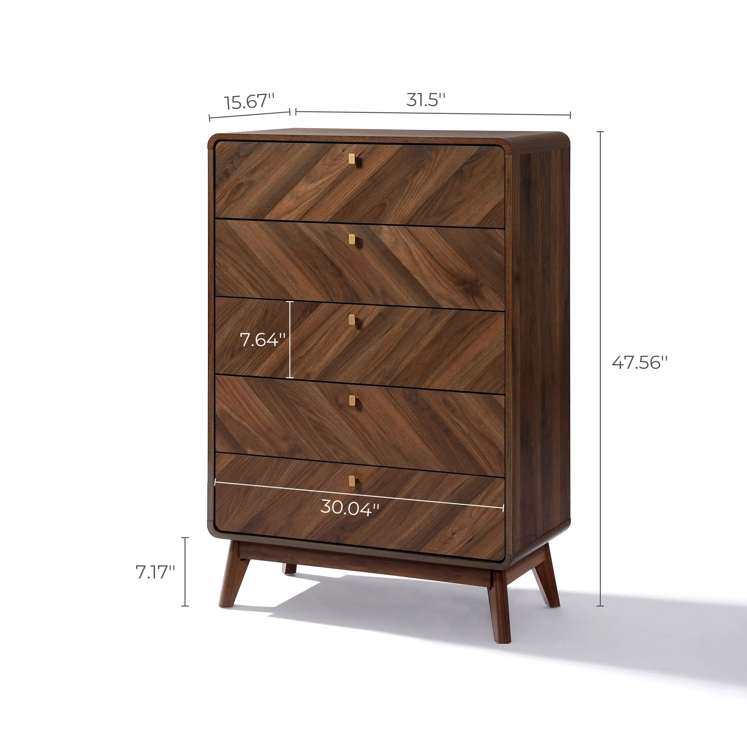 The Theo mid-century modern 5-drawer chest by LuxenHome boasts a chevron pattern in a rich walnut finish. With dimensions of 47.56 H, 31.5 W, and 15.67 D on elegant 7.71 legs, it offers stylish storage for any room.