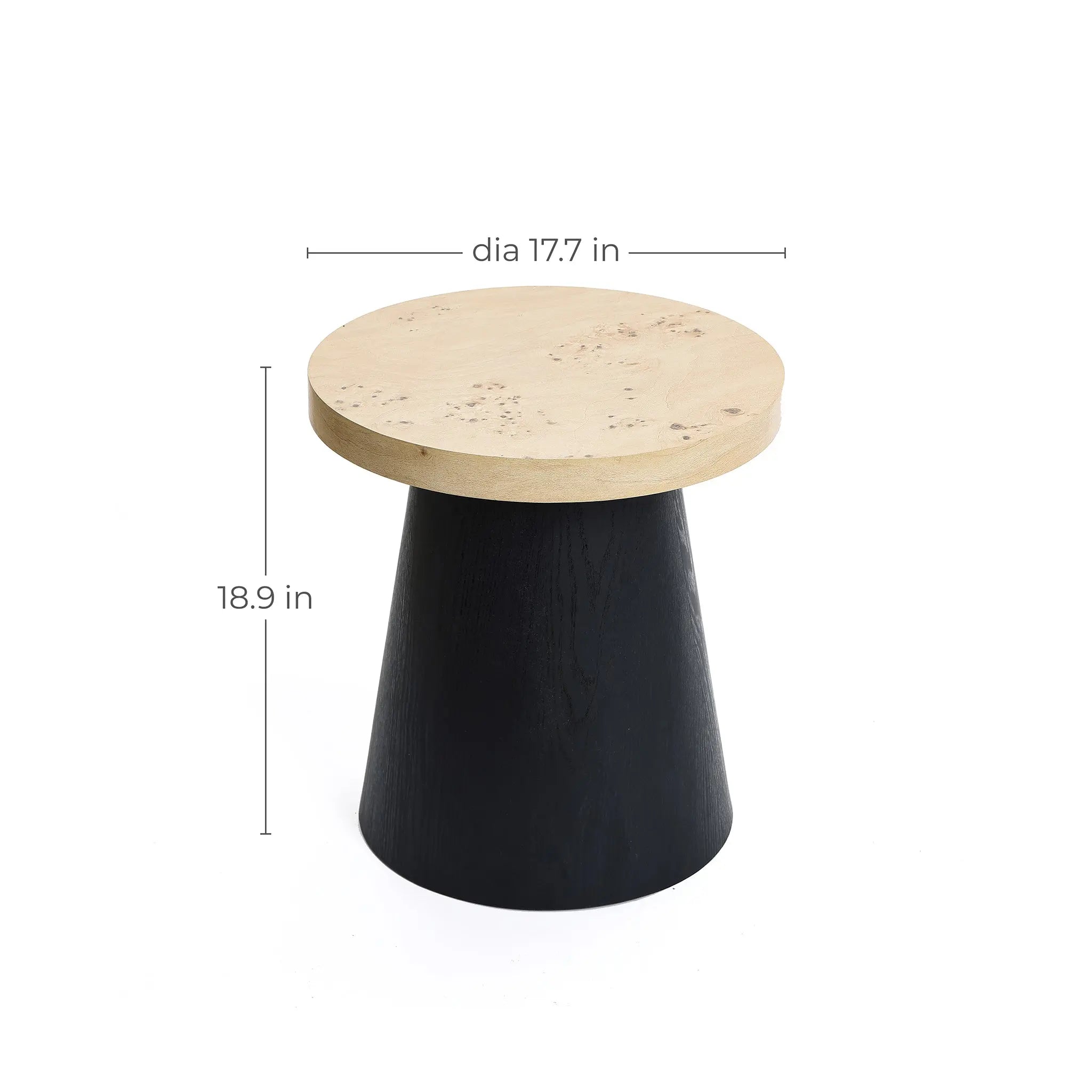 A sleek wooden side table featuring a 17.7-inch diameter and an 18.9-inch height. The seat boasts a light wood finish, while the base presents a dark, conical design with a tree burl texture that adds unique character to any space.