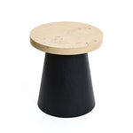 A round wooden side table boasts a light wood top featuring a tree burl texture and a dark conical base, set against a white background.