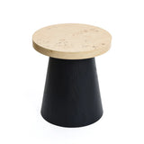 A round wooden side table boasts a light wood top featuring a tree burl texture and a dark conical base, set against a white background.