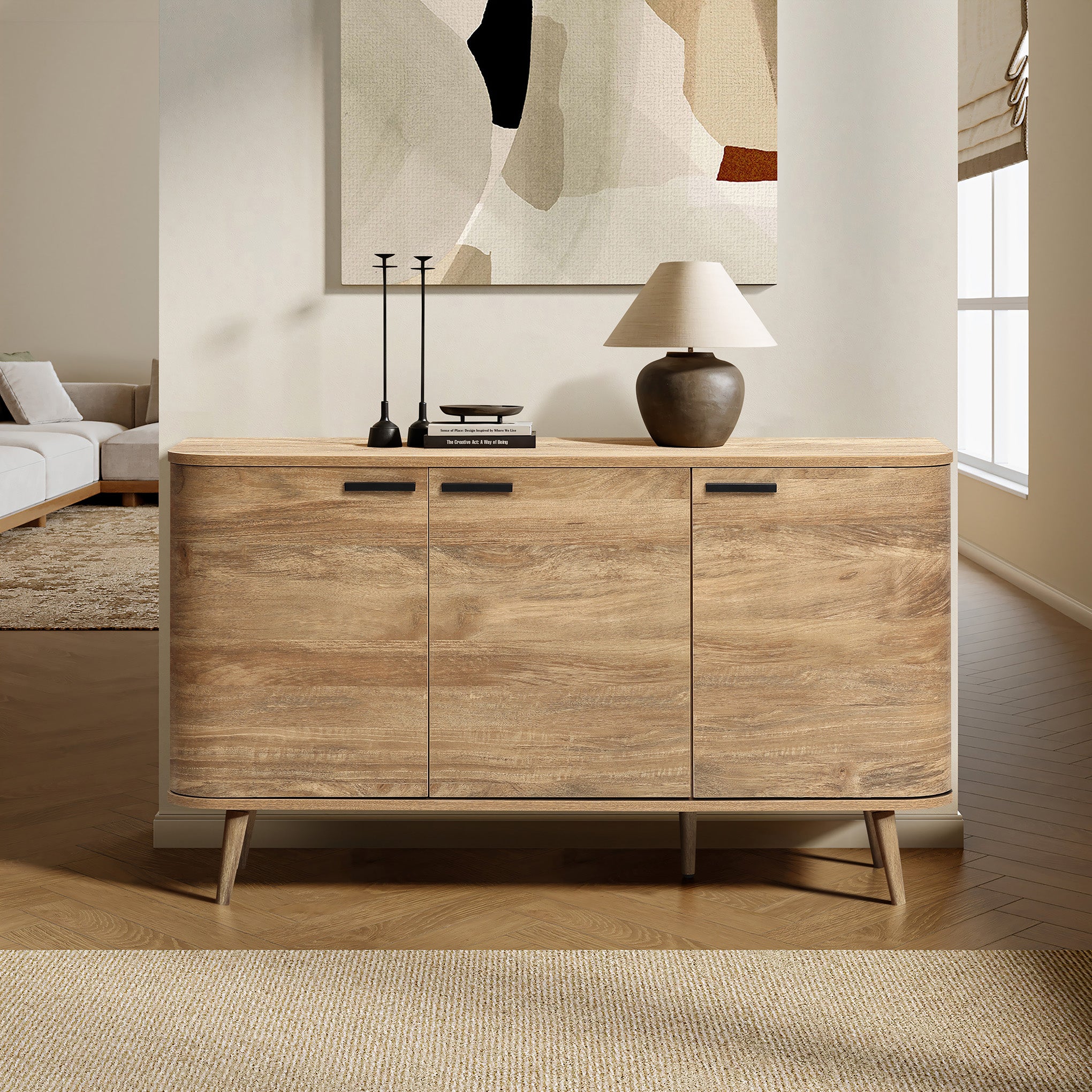 Anya oak finish 3-door buffet cabinet - LuxenHome