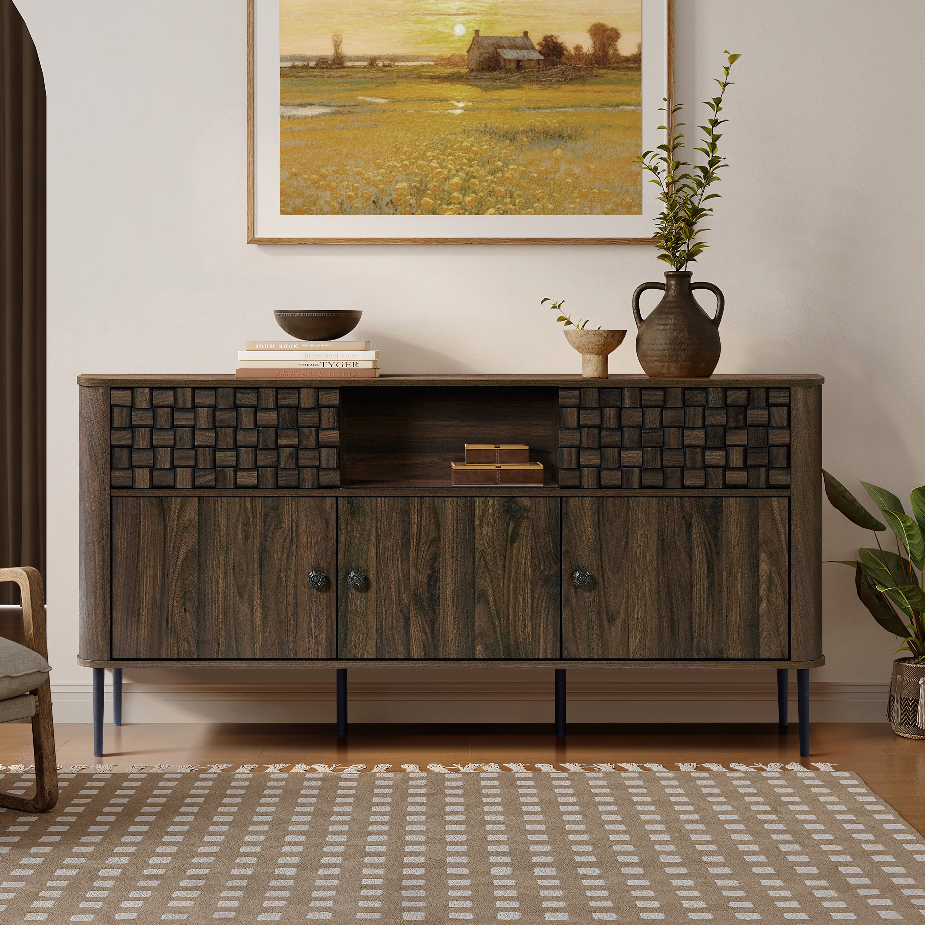 LuxenHome Dark Oak Manufactured Wood with Basket Weave 3-Door and 2-Sliding Door Sideboard Cabinet